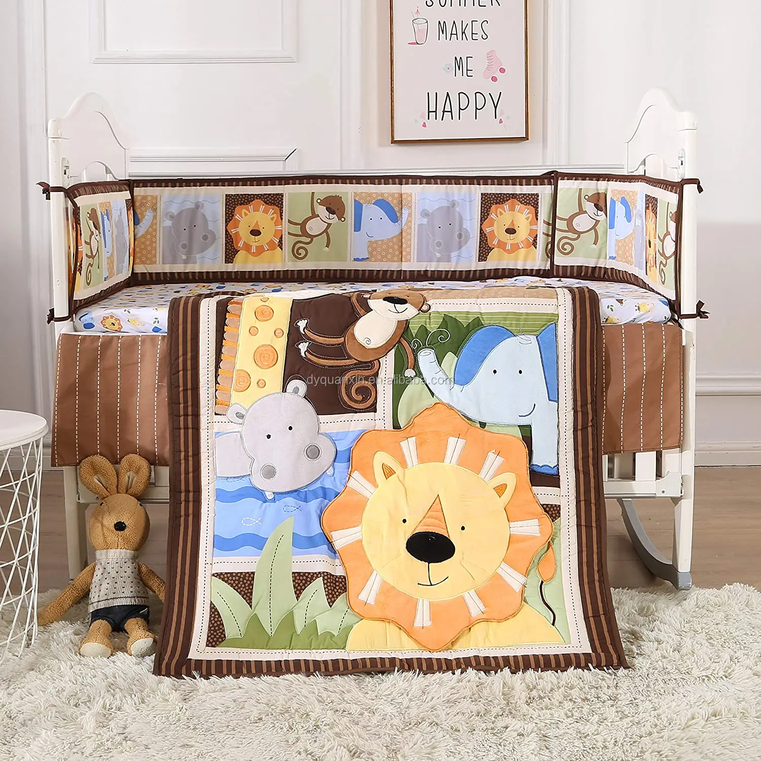 Fitted Sheet and Bed Skirt Baby Boy Bedding USTIDE 7-Piece Nursery Cot Bedding Set Cute Lion Crib Bedding with Bumper