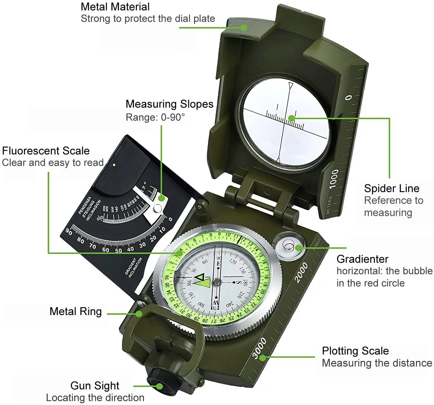 Metal Army Military Compass Waterproof ,Foldable Design with Map Scales for Navigation , Hunting ,Hiking ,Camping