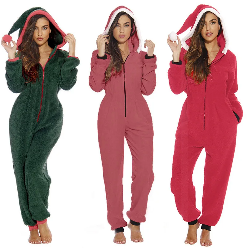 Groothandel Custom Fleece Onesie Kerst Pyjama Lange Mouw Sexy Rompertjes Volwassen Vrouw Kerst Onesie