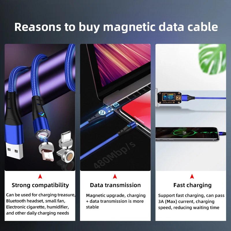 2020 new design wholesale on stock micro usb cable led magnetic charging cable cell phone accessories 3 in 1 magnetic usb cable
