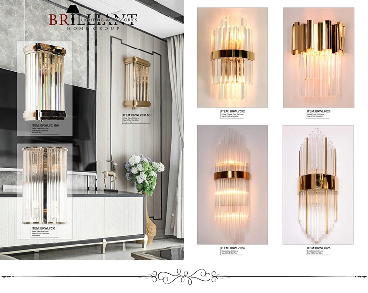 Energy Saving Hot Sell Modern Lighting Lamps Gold Style Indoor Brass Glass Tube Wall Lamps