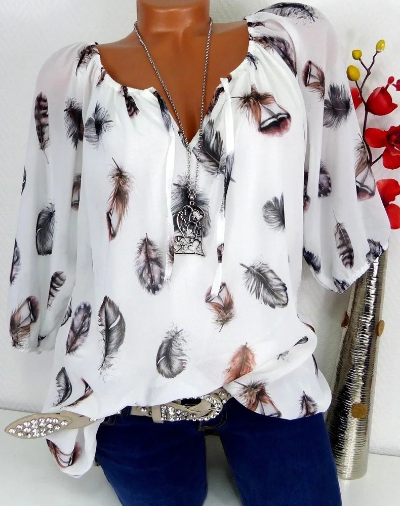 Fashion 5xl Plus Large Size Women's Blouses Summer Tops New Leisure Blouse White Loose Feather Print V Neck Half Sleeve Shirts - Buy Ladies Shirts Blouses Tops Women,Workout Tops Women Product