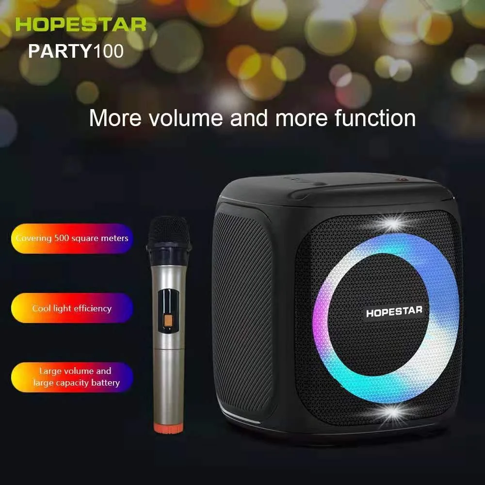 Hopestar 50W High-Power Subwoofer Outdoor for Bluetooth Speaker RGB LED Lighting 100 Microphone Battery Memory Card for Stage