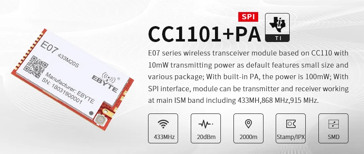 Cleqee-2 E07-433M20S CC1101 10dBm Stamp Hole IPEX Antenna Transmitter and Receiver SMD Transceiver 433MHz RF Module