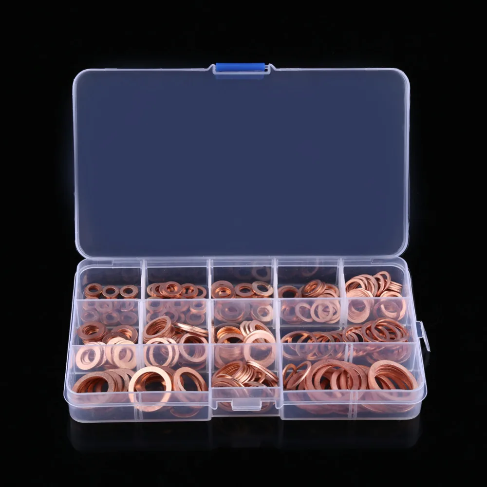 WSHR-40269 280pcs 12 Sizes Copper Washer Gasket Set Plain Washers with Box Fitting for Screws Bolts Flat Ring Seal Kit Set Plumbing Gaskets