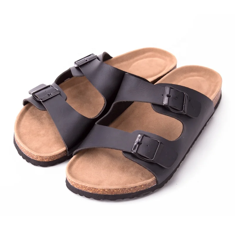 Men's Slip On Flat Casual Cork Sandals With 2-strap Buckle Leather Cork ...