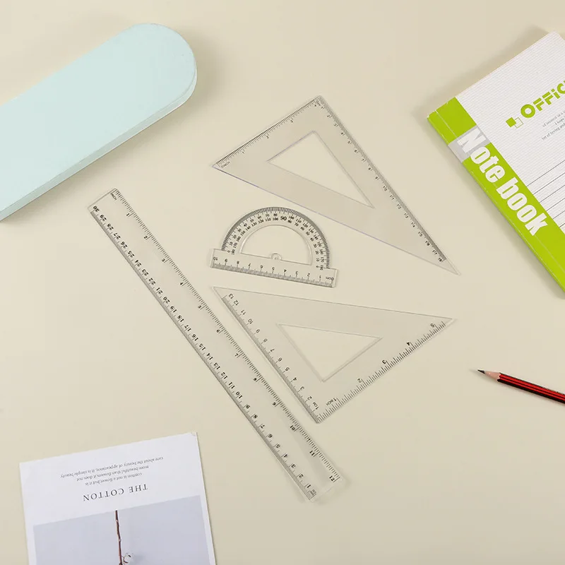 Student Exam Stationery Learning Supplies Four-Piece Plastic Ruler Set with Straight Triangle Measuring Board