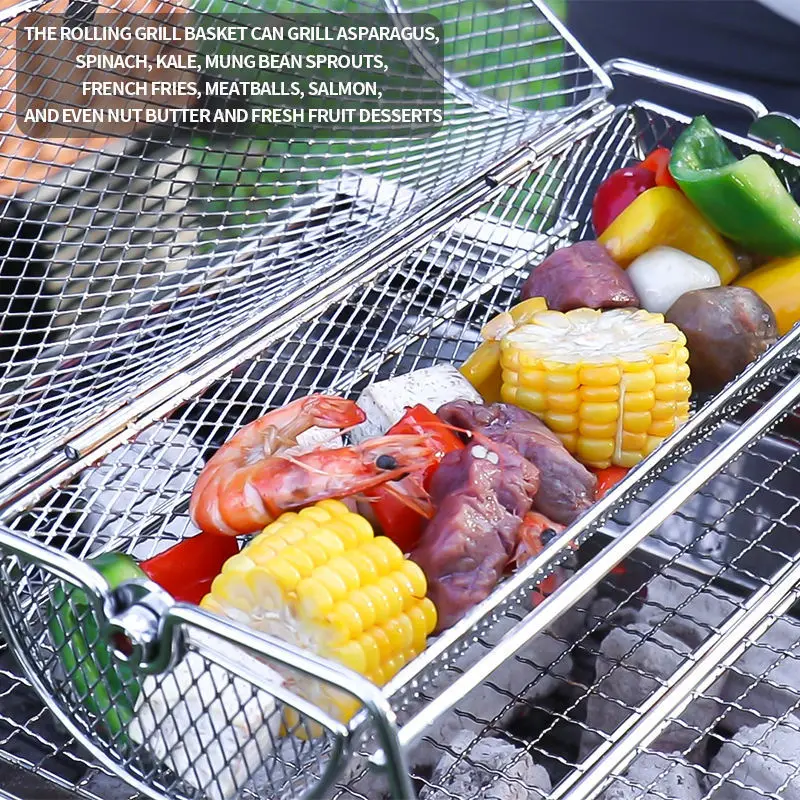 Factory Direct Sales Stainless Steel Round Rolling Grill Basket Multi-Function Reusable Portable Durable Cross-Border BBQ Tool supplier