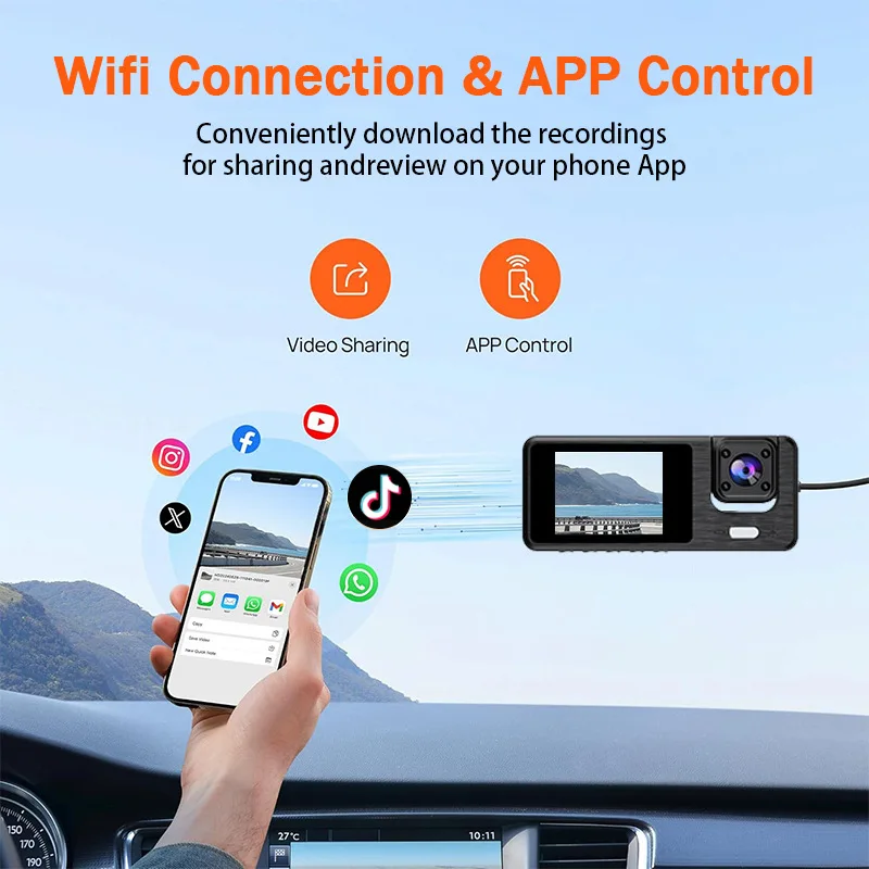 1080P WiFi Bağlantılı Araba DVR Üç Kayıtlı Kızılötesi Gece Görüşü Park İzleme Geri Vites Görüntüsü MicroSD Uyumluluğu