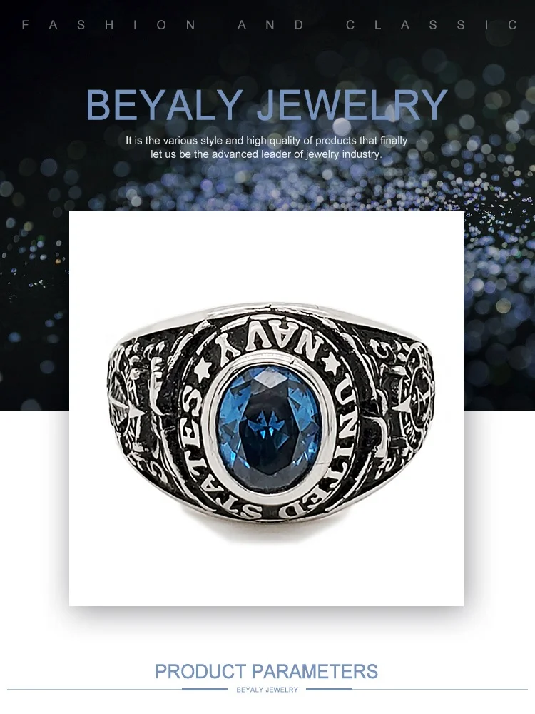 Hot selling university graduation custom mens big blue stone ring