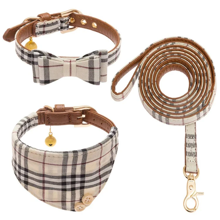 Bow Tie Dog Collar And Leash Set,Walking Cute Plaid Bandana Necktie