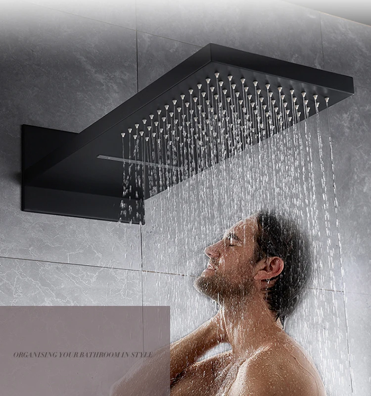 Wall Mounted Black Shower Faucets Set Thermostatic Water Saving Top Rain Shower Head Square