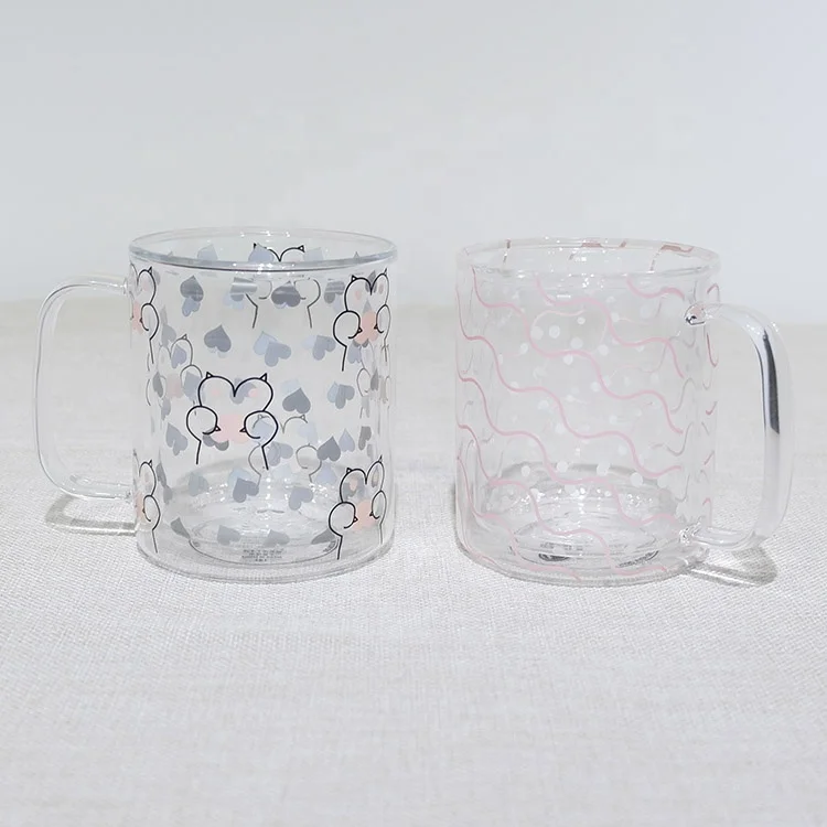 350 ml clear borosilicate glass coffee mug with  inside printing.