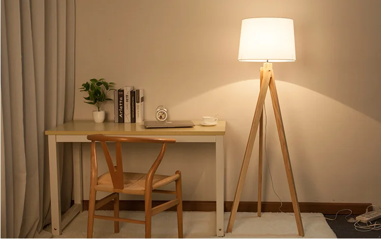 Nodic living room bedroom designer white cloth wooden led tripod floor lamp