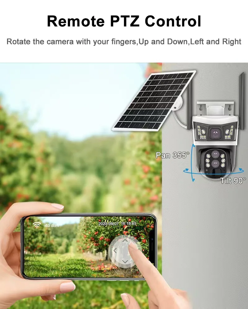 V380Pro Outdoor Solar Less Energy Cost 4MP HD Camera 3Lenses 10X Zoom 360 Night Vision Smart Detection Multi-function Cameras