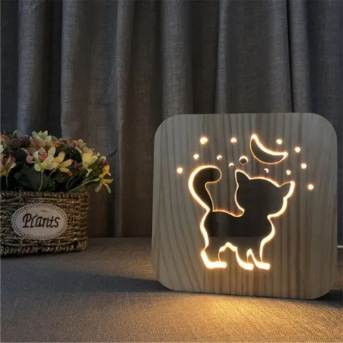 Cute Cat Hand Made High Quality Wood LED Table Lamp