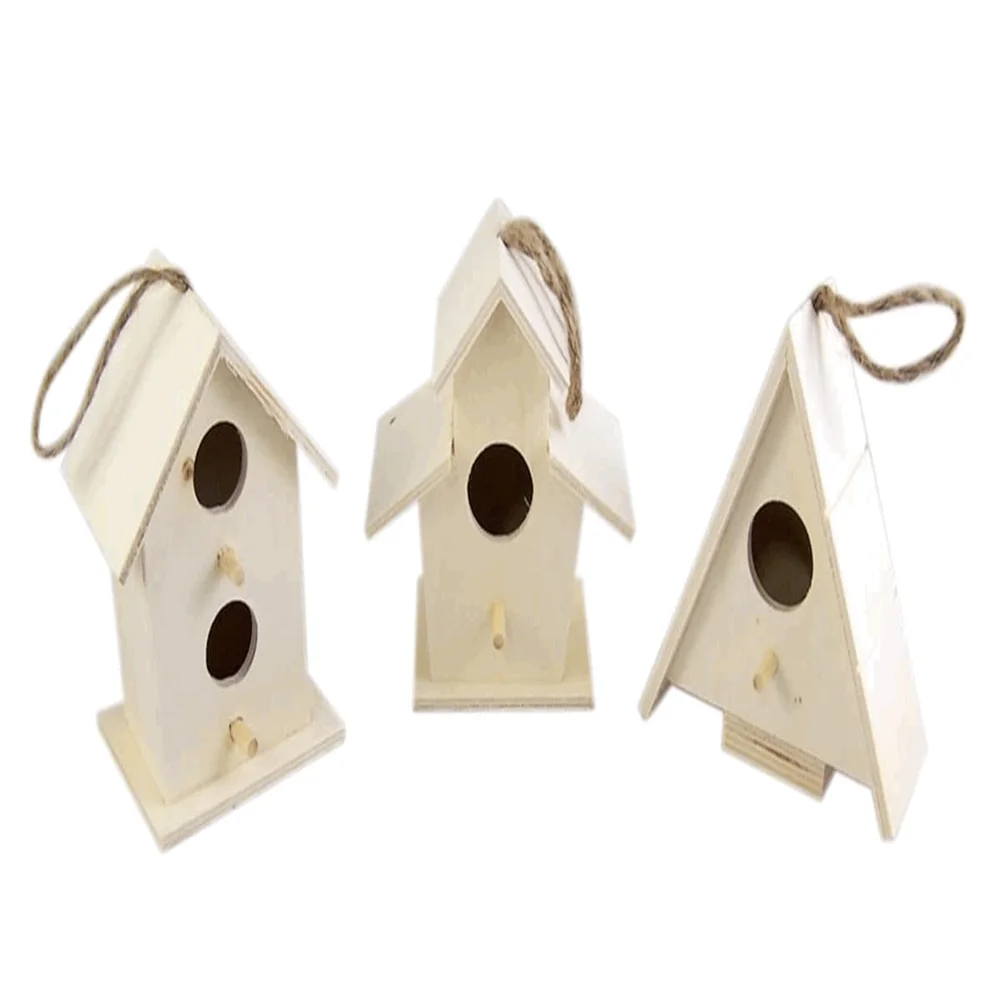 Set of 3 unfinished garden decoration natural solid wood kids DIY toy factory wholesale bird house kids