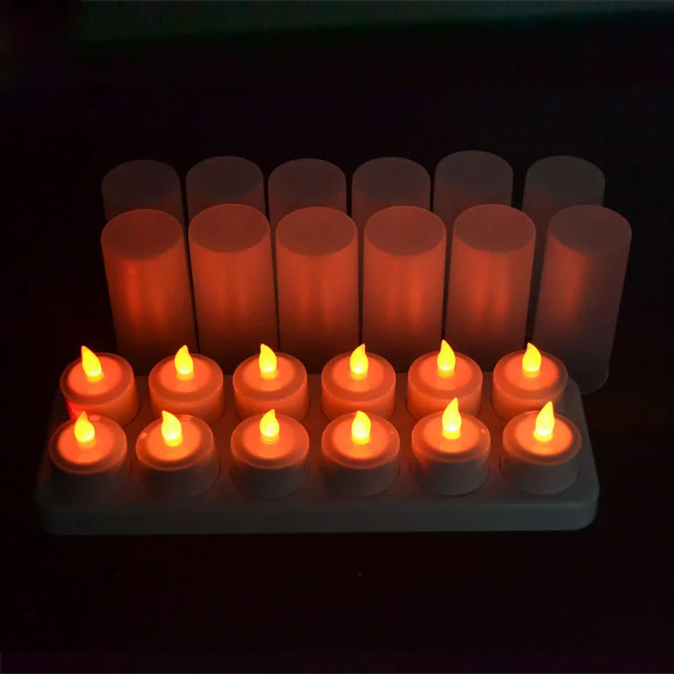 Flameless Candles 12 Rechargeable LED Flickering Tea Lights 12 Frosted Cups Comes With Charging Base, No Battery Needed