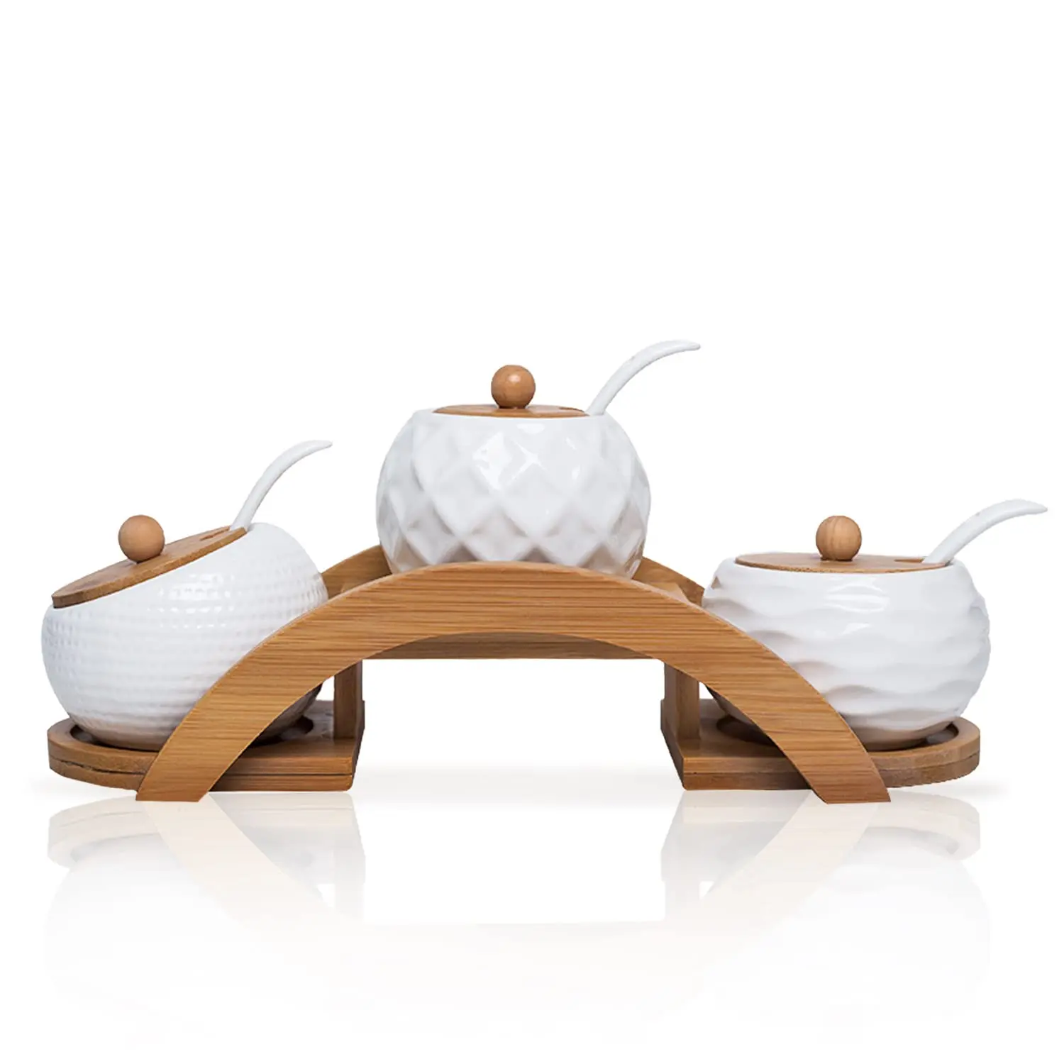 3 White 170ml 5.8 Oz Seasoning Spice Jar Tray Ceramic Serving Spoon Set Tableware With Bamboo Lid factory
