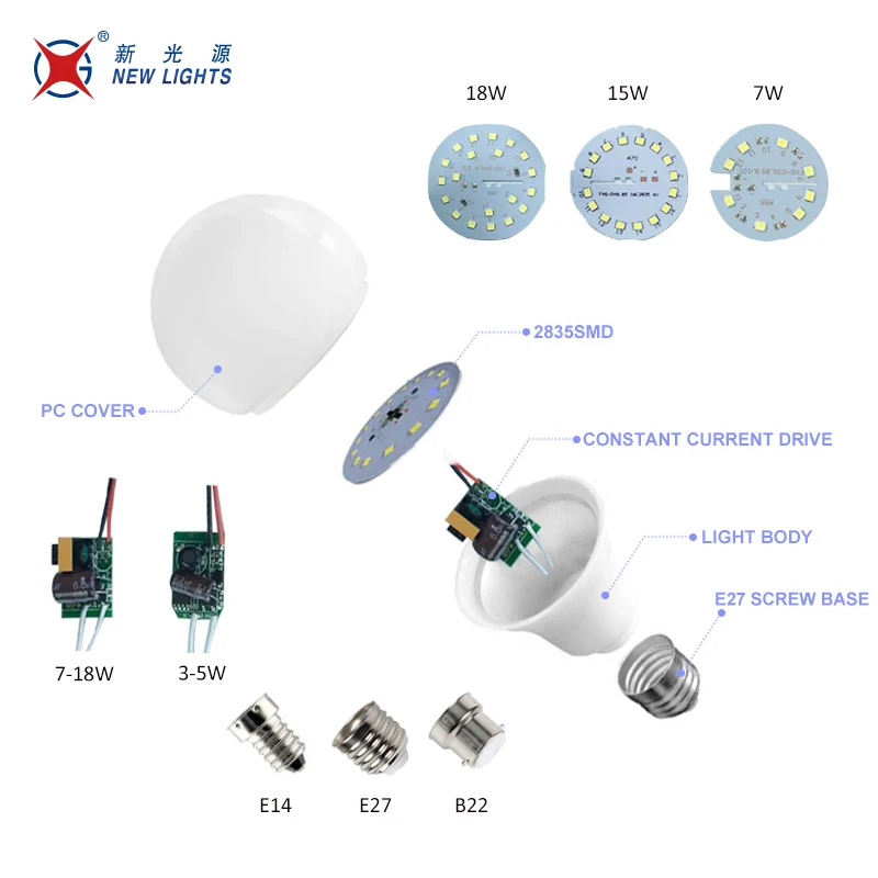 Wholesales Indoor Lighting SKD Parts 5w 6w 7W 9W 10w 12w 15w A60 A19 G45 C37 9Watt 12 Watt Led Light Parts Bulb Raw Material E27