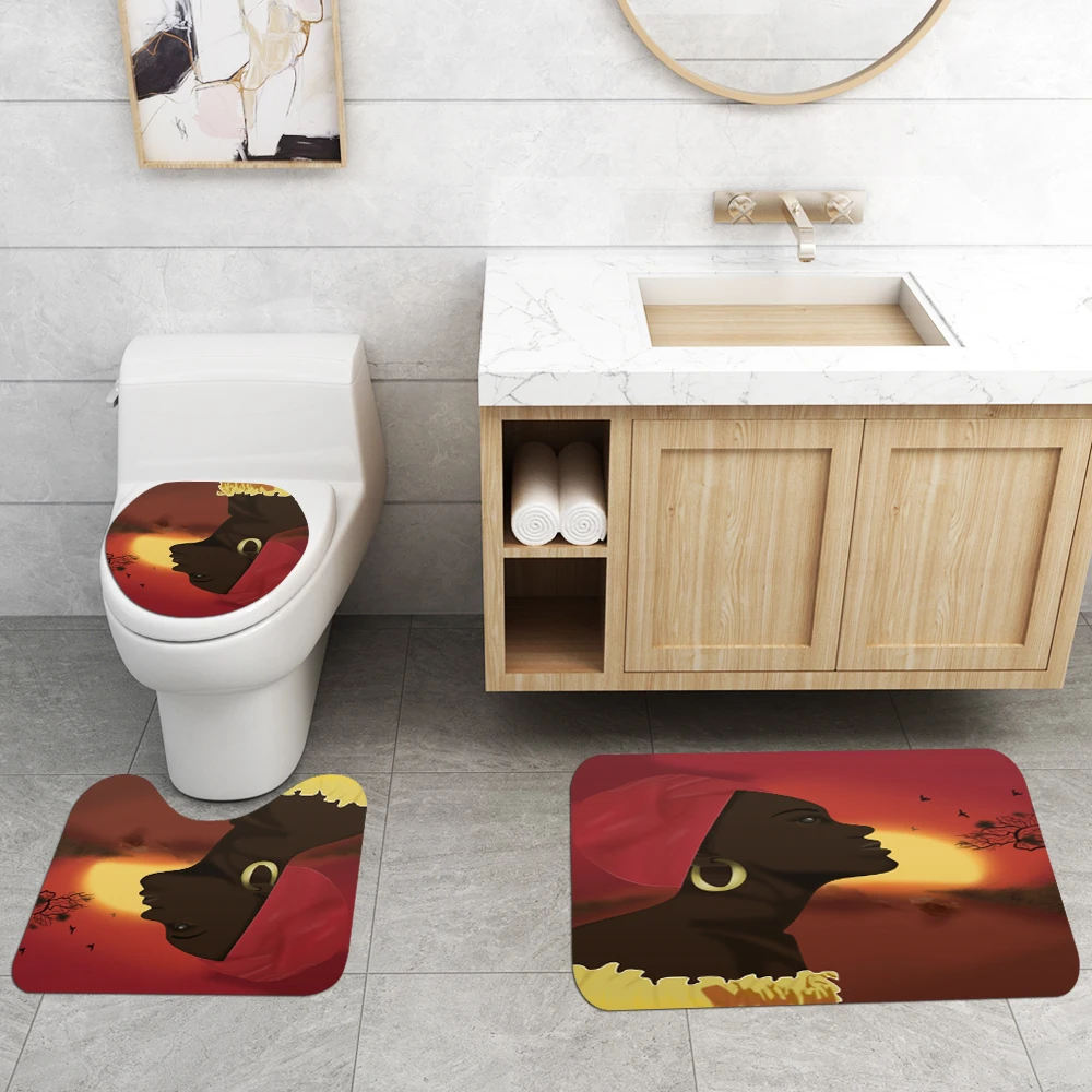 New Shower Curtain Lid Toilet Cover Bath Mat Rug with Hooks Bathroom Accessory Sets Home Decoration