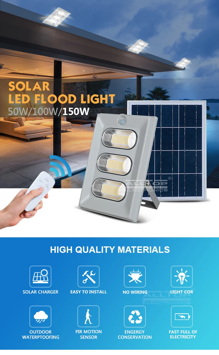 ALLTOP High quality outdoor IP65 playground 50w 100w 150w solar led flood lamp
