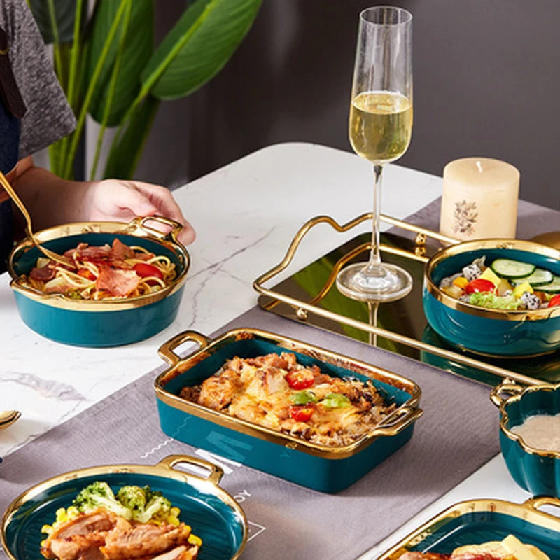 Luxury Ceramic Phnom Penh Dinner Plate Salad Steak Plate Binaural Baking Pan Dish Soup Bowl Single Handle Bowl Kitchen Tableware details