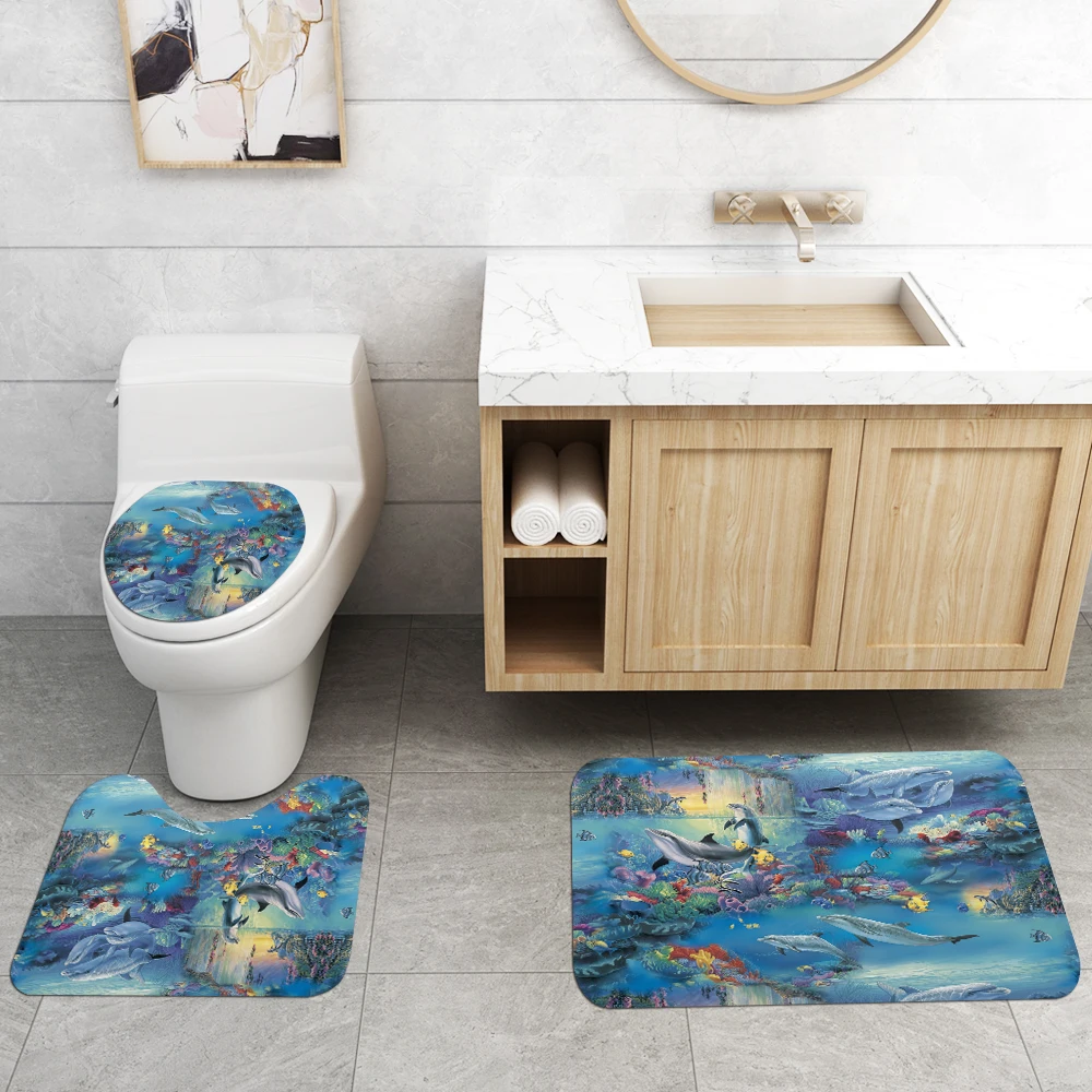 Amazon hot selling waterproof polyester fabric 4 piece bathroom rug mat and shower curtain sets
