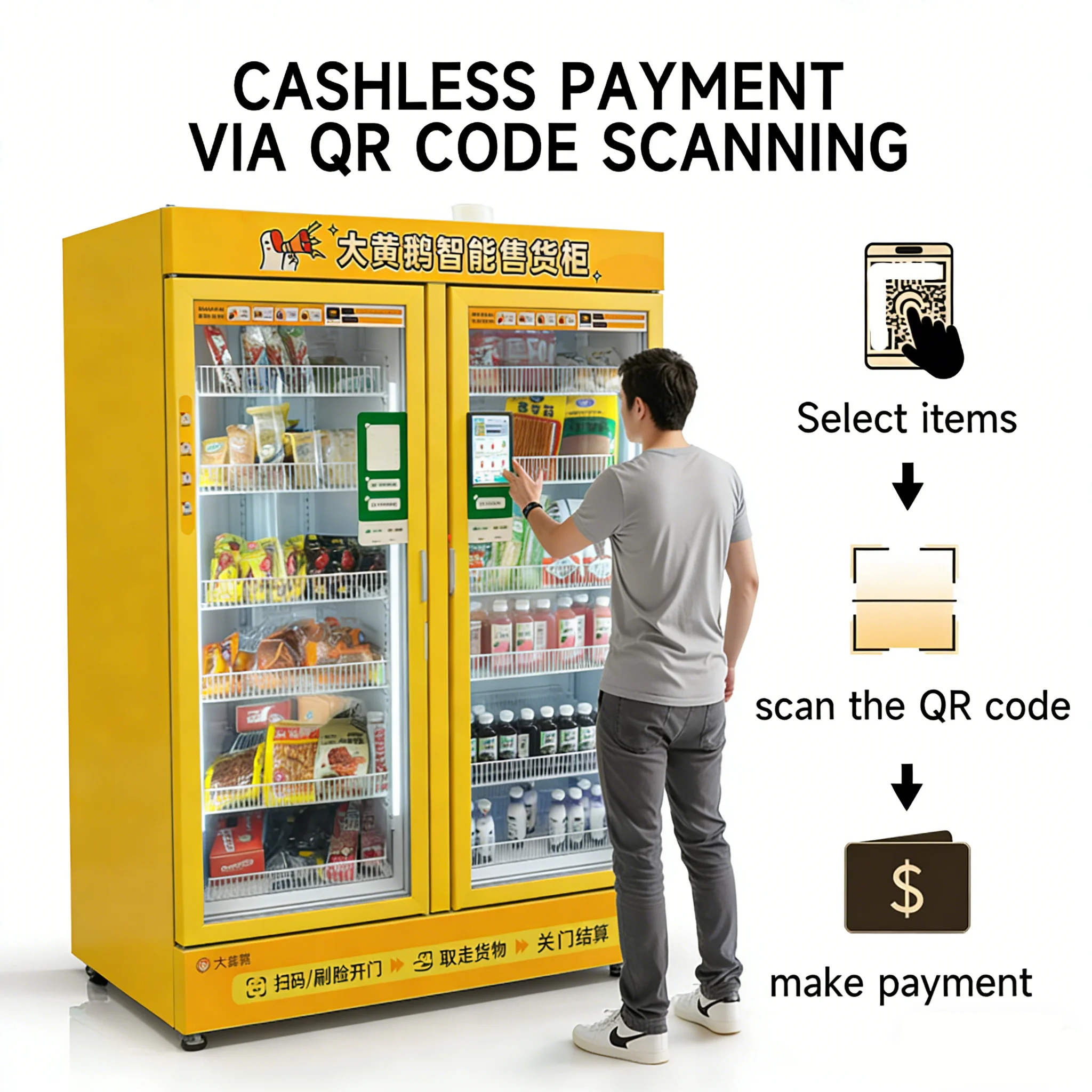 Smart cooler vending machine with open refrigerated shelves and digital interface display