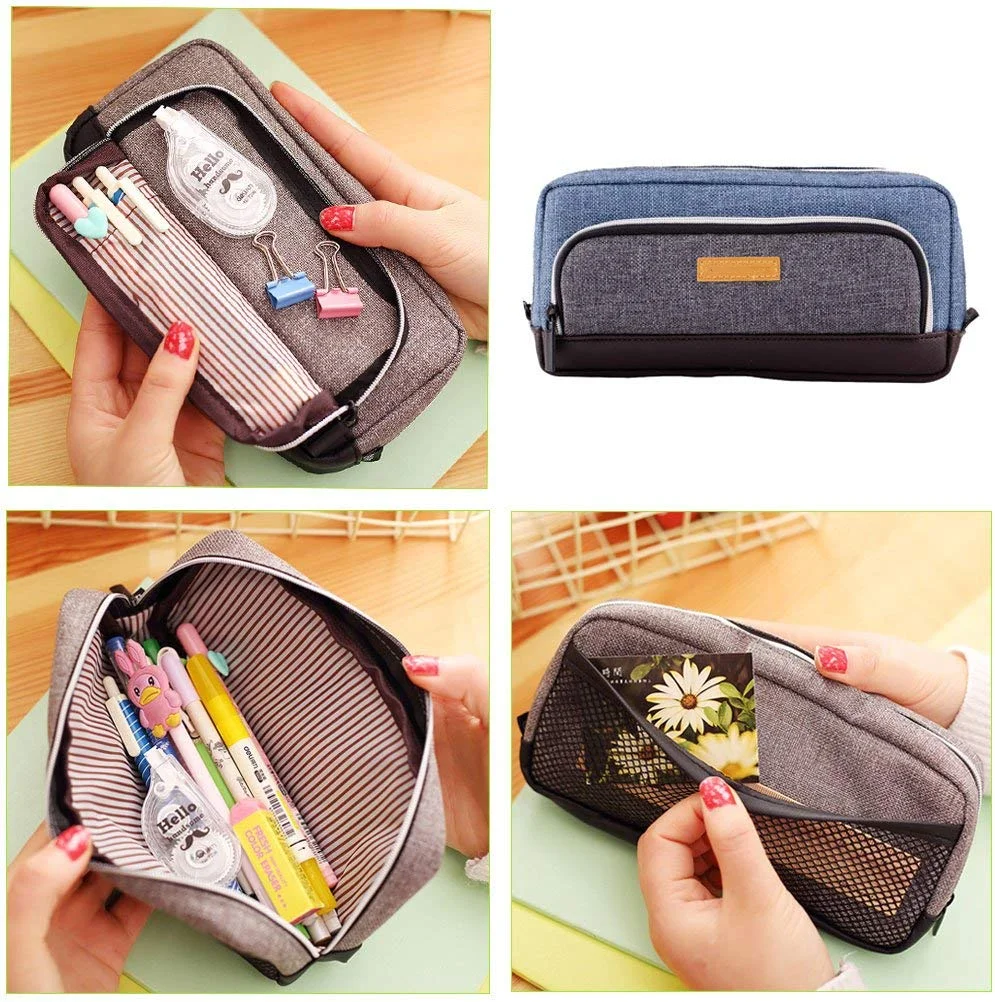 Canvas Pencil Case 3 Pockets School Stationery Pen Bag Pencil Holder