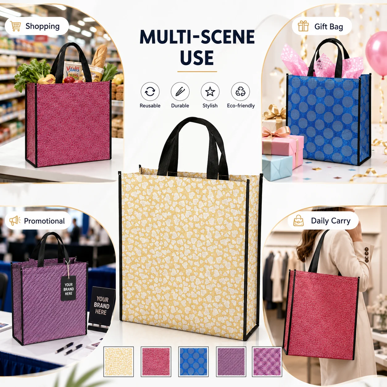 Premium 130g Laser Non-woven Tote, Custom Eco-friendly Shopping Bags with Logo for Promotion OEM