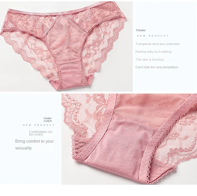 Women's Sexy Lace Ultra-Thin No Sponge Bra Set Transparent Adjusted-Straps Low-Rise Bikini Panties Logo Waist for Large Chest