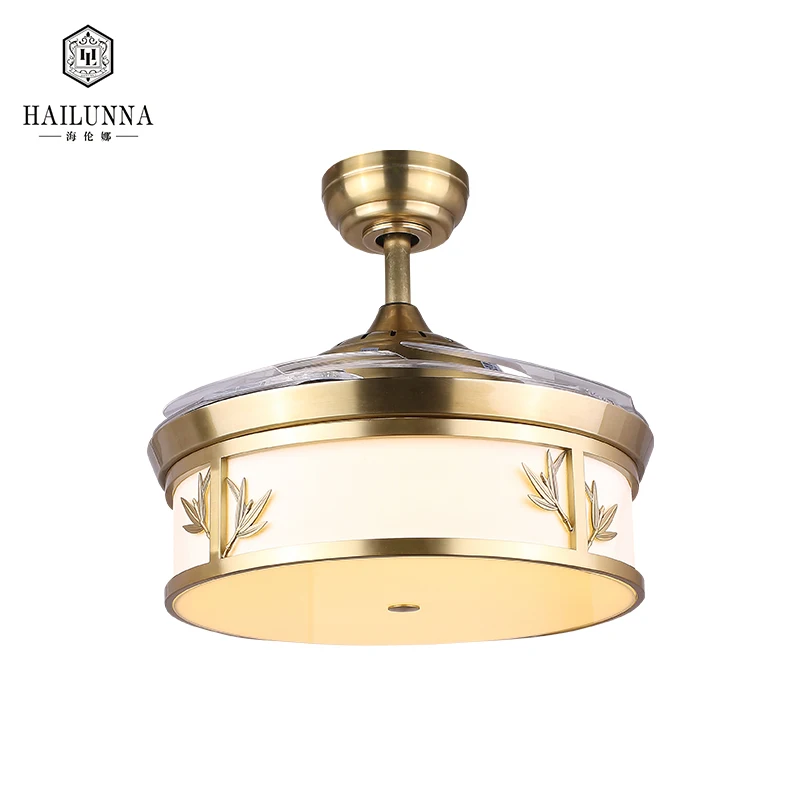 Modern Chinese Retro Round Brass Copper Lampshade Ceiling Light With Fan