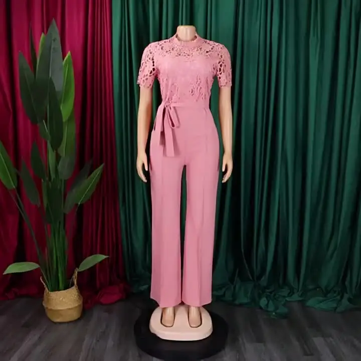 Ladies Sexy Lace Fashion Pants Wide Leg Short Sleeve Modest Wholesale  Romper Zipper Flare Adult Plus Size Jumpsuit for Women