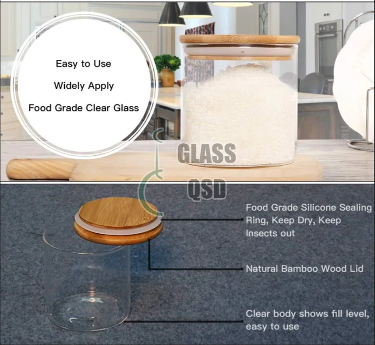 Envase hermético sellado cilindro del tarro de cristal de la cocina del aire con la tapa de bambú para el almacenamiento 1.jpg