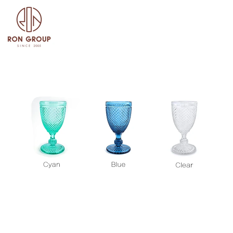 hot selling reusable luxury wedding embossed colored custom goblet clear blue glass wine cup