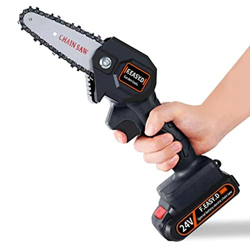 Bcamelys 24 V Mini Electric Cordless Rechargeable Portable Chainsaw 4-inch Single Hand Chainsaw with Safety Anti-Wood Splash Board for Garden Branch Wood Cutting and Pruning 