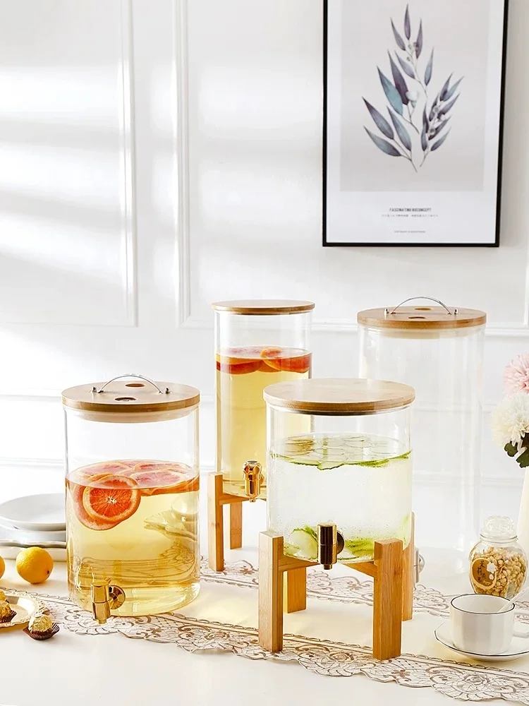 Clear High Borosilicate Glass Water Dispenser Large Bamboo Lid Beverage