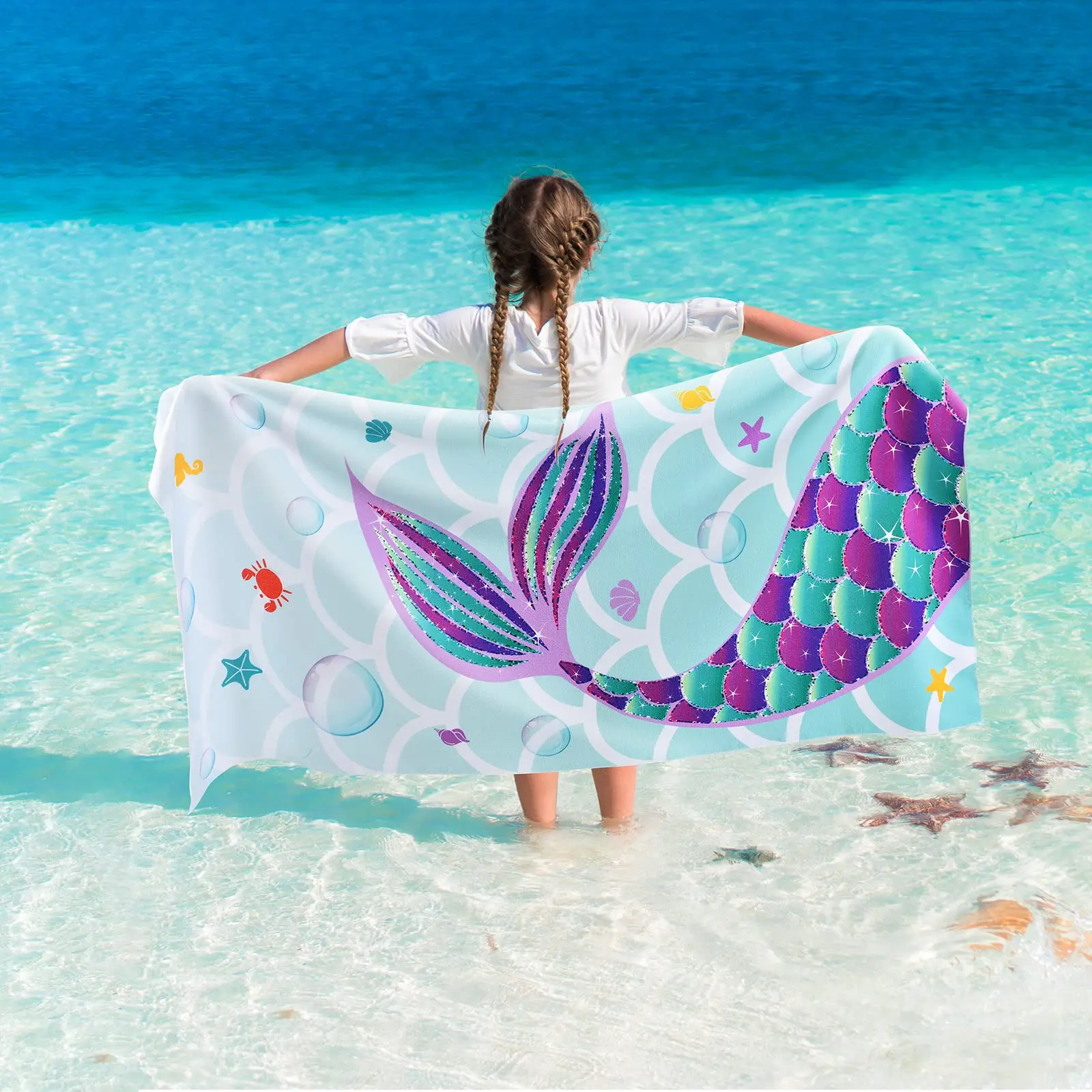 Customized 100x180cm Microfiber Kids Beach Towel Soft Mermaid Tail Design for Camping Pool Travel Bath Disposable Feature details