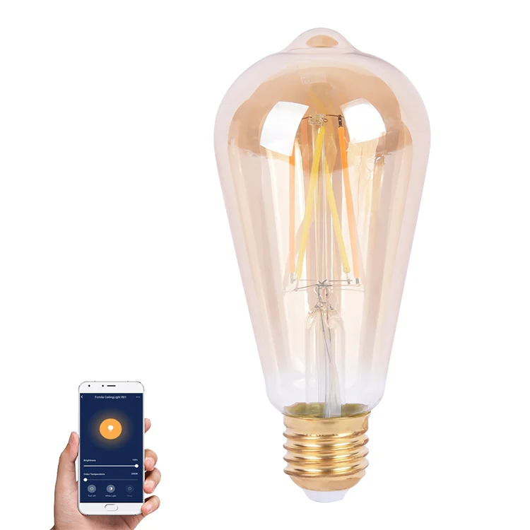 Clear or Amber Finishing Decorative ST64 LED Filament Bulb, 6.5W CCT Adjustable E27 Dimmable Filament LED Bulb Edison With WIFI