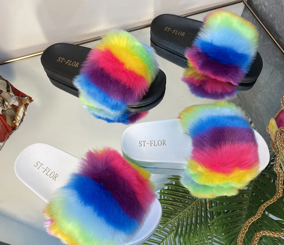 Wholesale Price Rainbow Faux Fur Women Slides Multi Color Plush Sandals ...