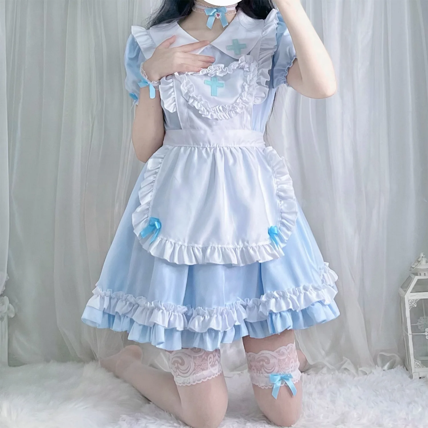 blue and white maid dress White & Blue Maid Dress Cosplay Costume