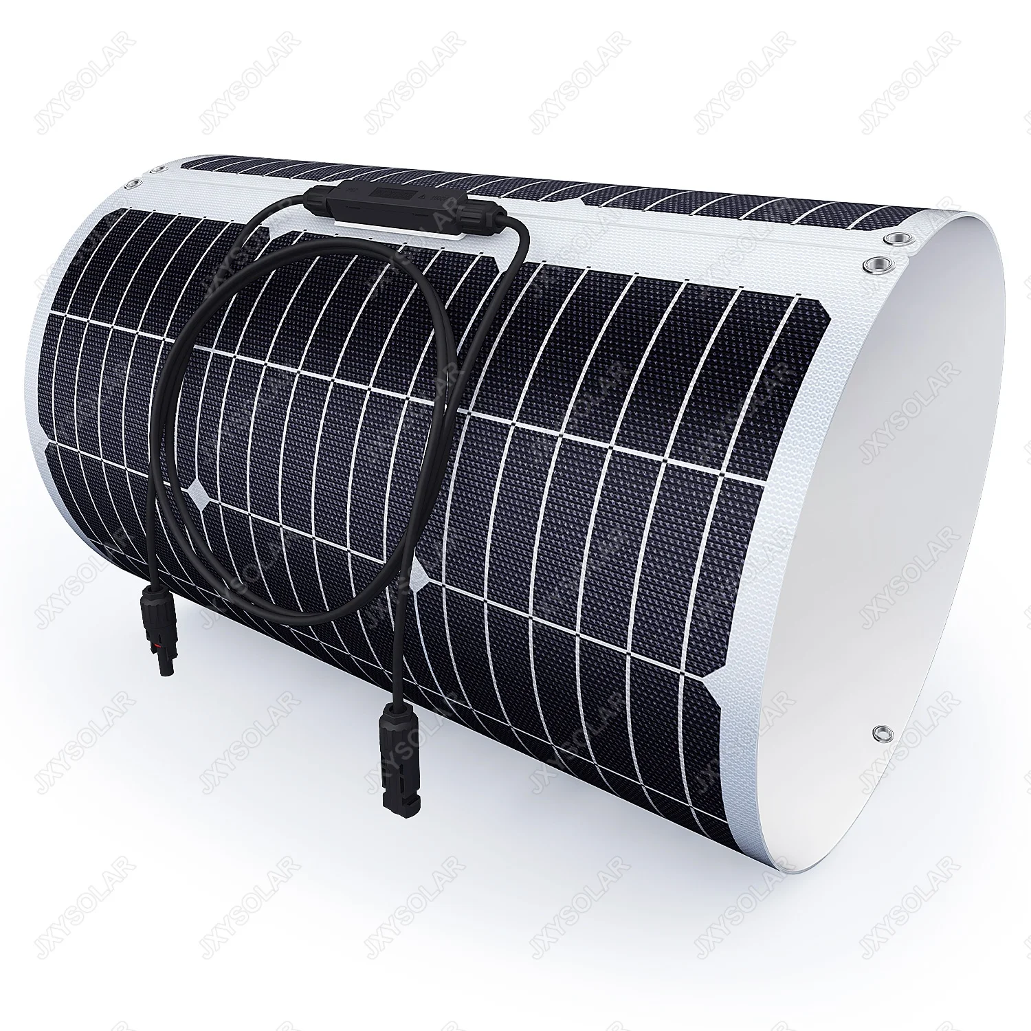 Flexible 100W solar panel mounted on curved fiberglass boat deck with marine-grade adhesive seams