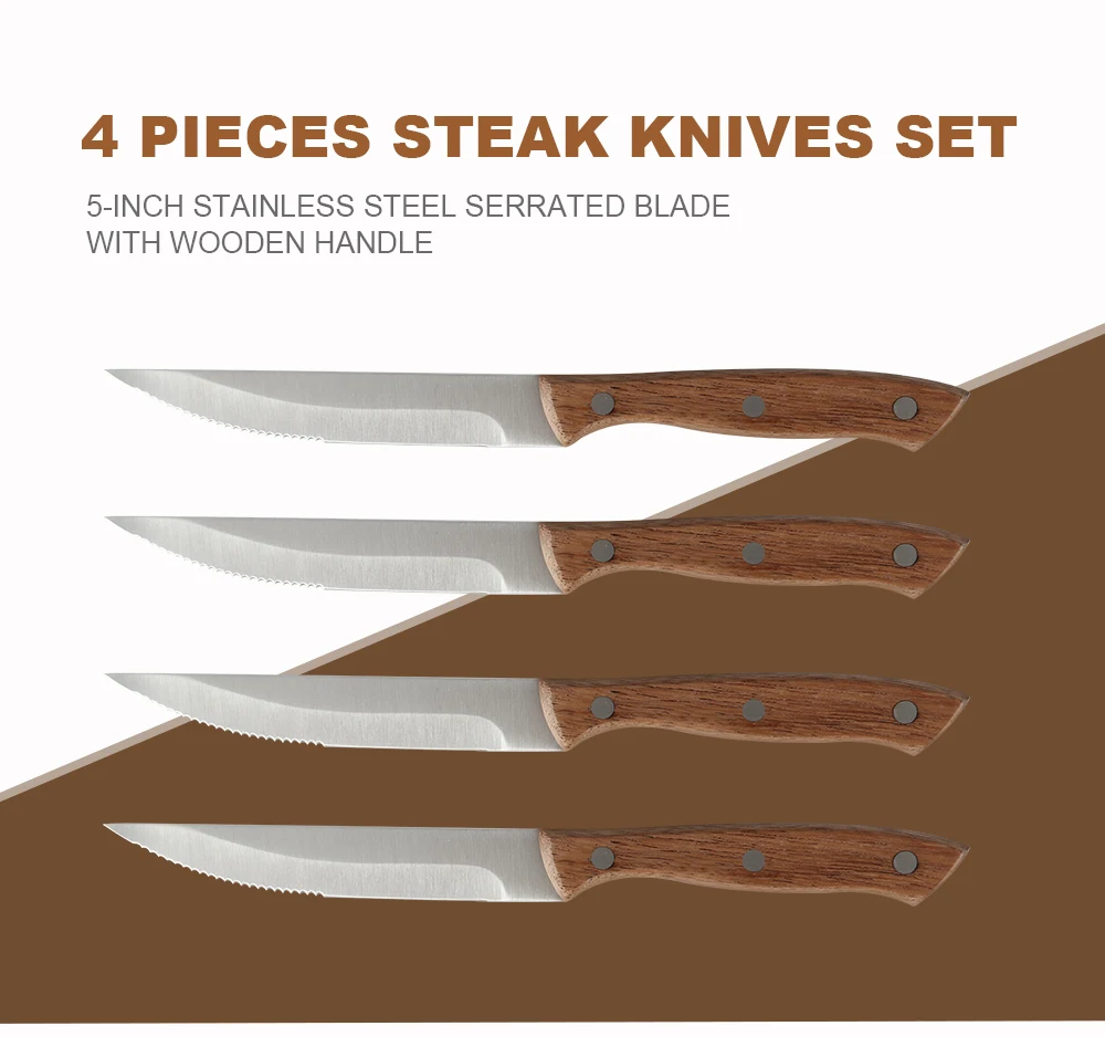Wooden Handle Steak Knife Set 4 Pcs Stainless Steel Steak Knife Set