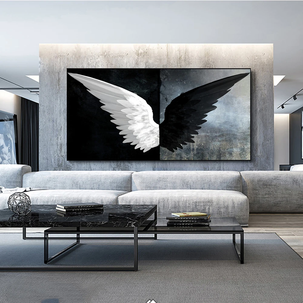 E023 Black White Angel Wings Retro Modern Canvas Wall Art Large Picture Prints 