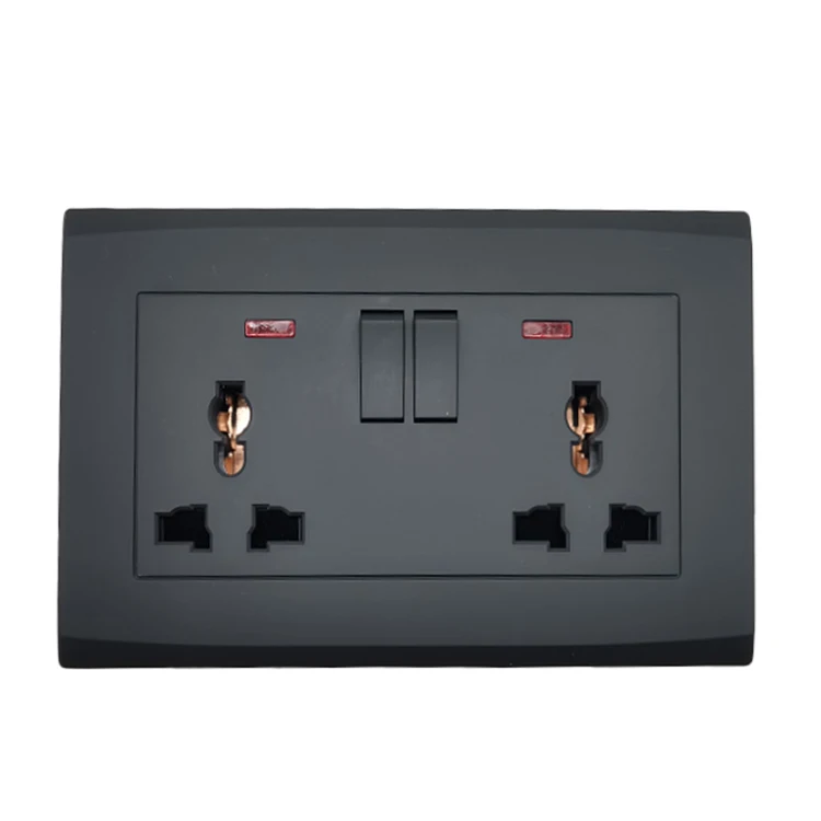 Universal China Factory Good Quality Switch Socket Wall 13A Black Panel Modern Electric Power Switch Double Socket With Neon