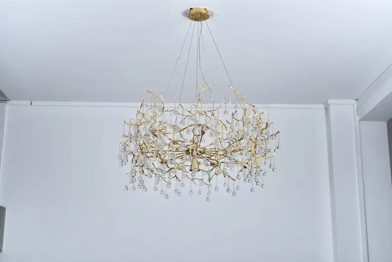 MEEROSEE Wholesale Price Popular Modern Brass Tree Branch Chandelier Clear Crystal Copper Round Hanging Light Fixture MD86196