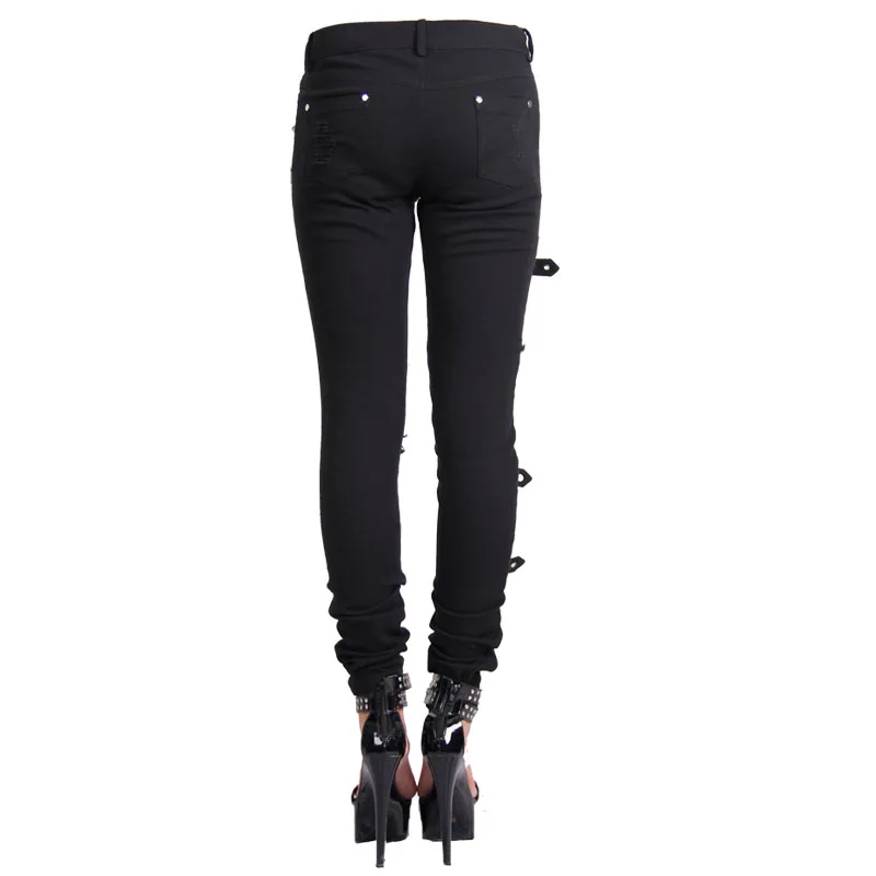 Pt009 Devil Fashion Western Style Black Punk Ripped Women Pants With