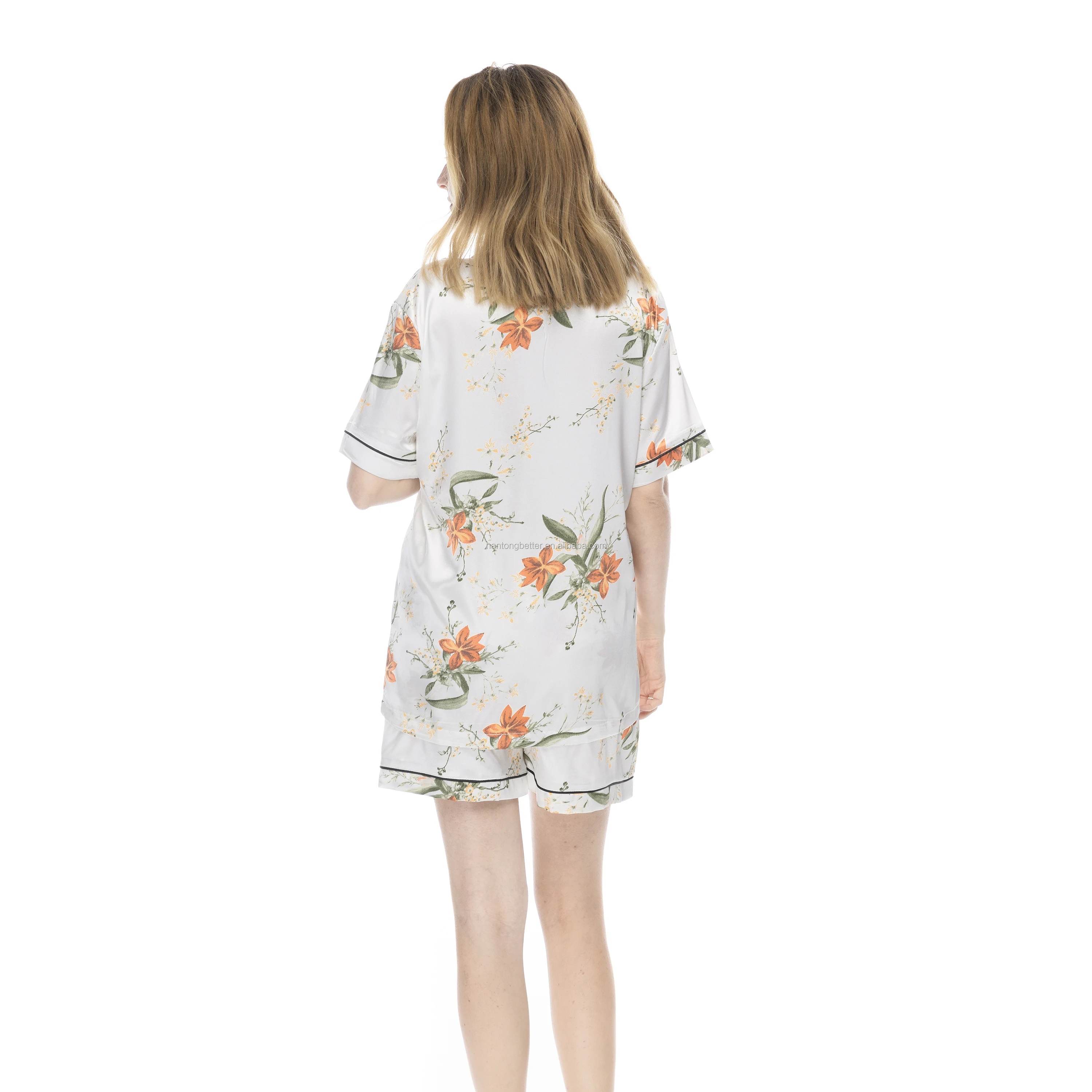 New Satin Yellow Flower Floral Printed Silk Pajamas Set - Buy Pajamas ...
