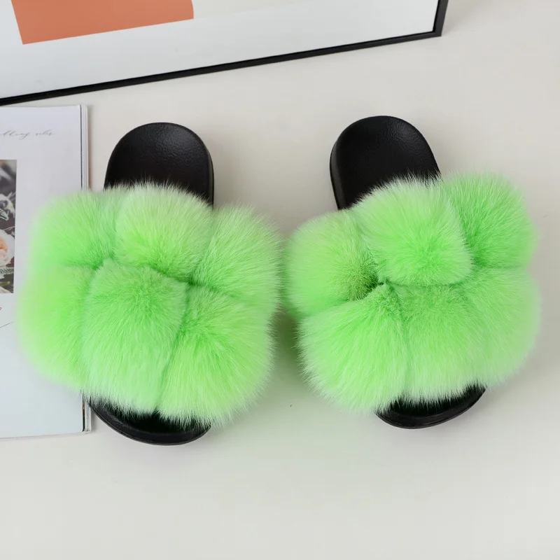 Womens Winter Warm Furry Slippers Ladies Cute Plush Faux Fox Hair Sandal Shoes Fluffy Slippers